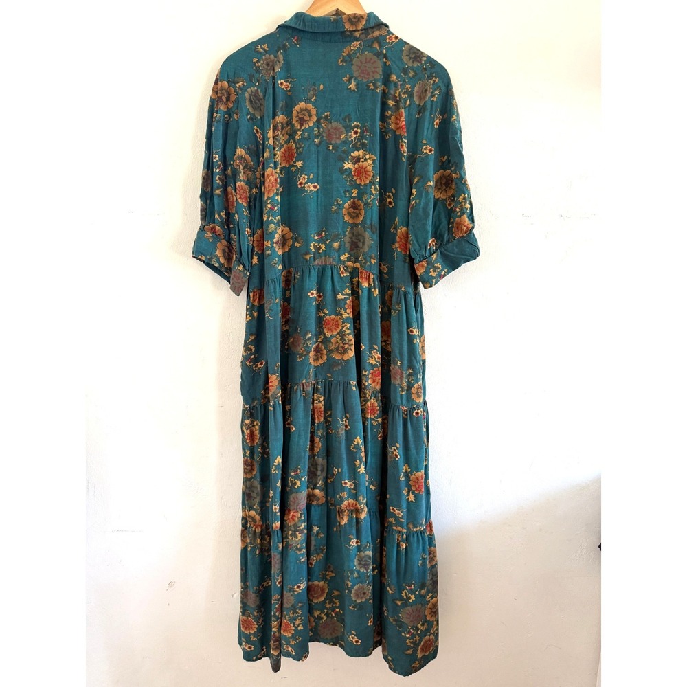Natural Life Teal Floral Tiered Rebecca Midi Dress Large Rayon Boho Puff Sleeve - Picture 5 of 9